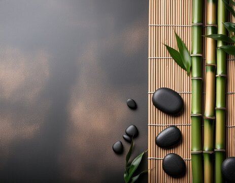 a serene flat lay presenting hot stones and bamboo exuding a calming and peaceful ambiance with a considerate amount of empty space for versatile use in wellness and spa contexts
