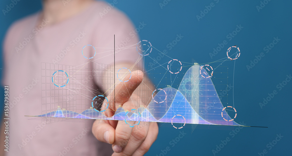 Poster Stock photo of a person interacting with a holographic graph showcasing data analysis and visualization.