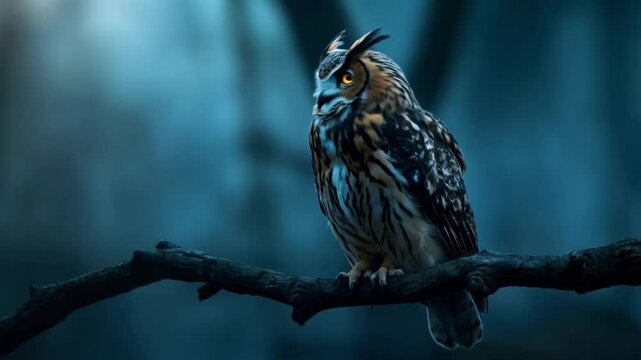 A long eared owl perched on a branch in the dark with glowing yellow eyes staring forward intently video