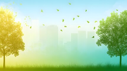 Serene Cityscape with Lush Trees and Falling Leaves