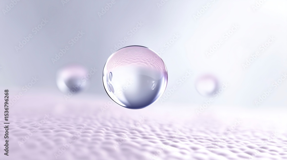 Poster close-up of translucent water droplets resting on a textured surface, showcasing reflections and lig