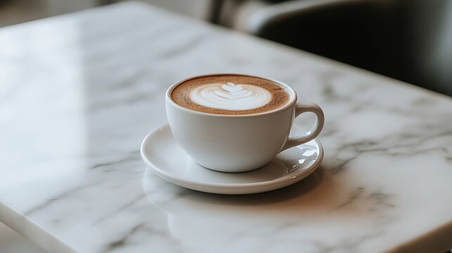 Aromatic cappuccino adorned with latte art, presented on an elegant marble table