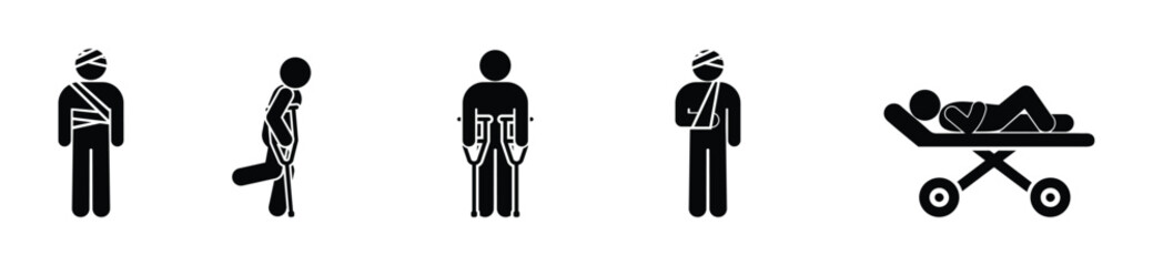 Set of flat black stickman icons with injuries: bandages, crutches, stretcher. Simple medical pictograms, isolated on white. Suitable for healthcare, hospital, trauma illustrations.
