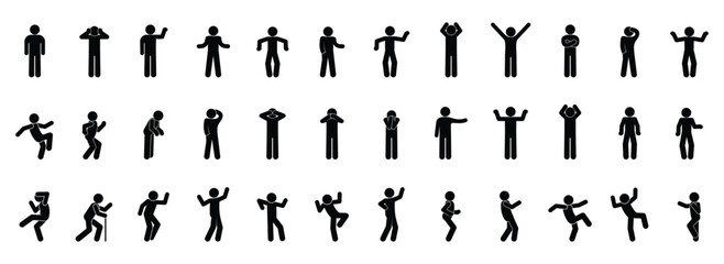 Large set of flat black stickman icons in various poses and gestures. Simple minimalistic pictograms, isolated on white. Suitable for infographics, UI, instructions, signs.
