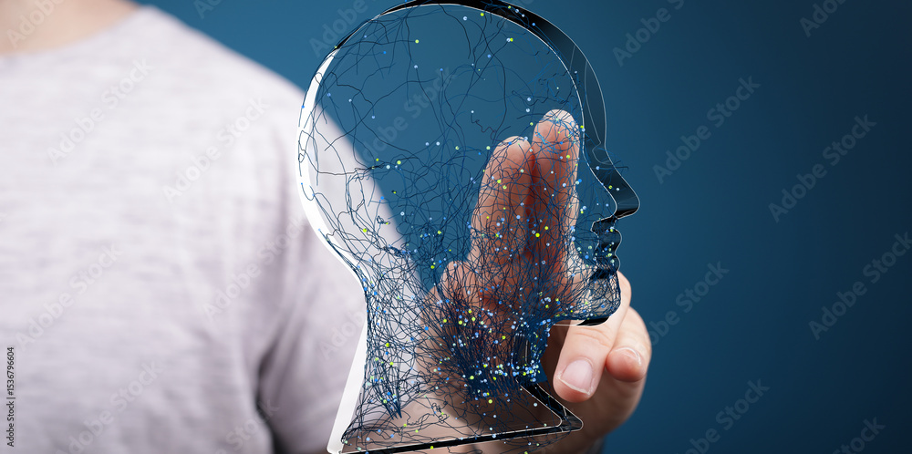 Poster abstract image of a person interacting with a digital head hologram. represents ai, technology, and 