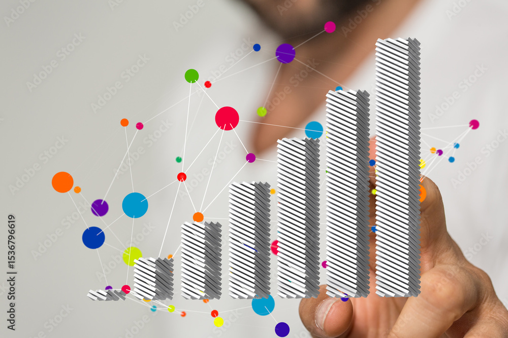 Poster stock photo of a hand interacting with a 3d bar graph showing upward trend, colorful data points.