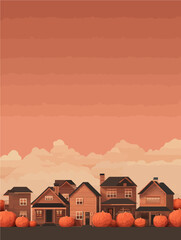 Charming autumn village scene with orange pumpkins scattered across harvest field under warm sunset sky - ideal for fall marketing, seasonal promotions, and cozy lifestyle branding