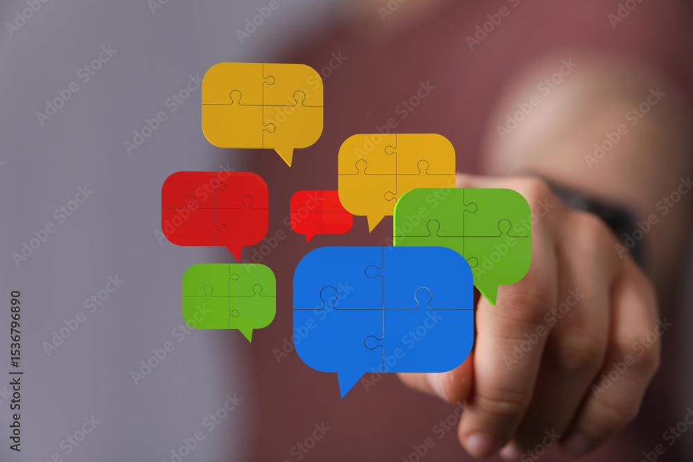 Poster Abstract image of puzzle pieces forming speech bubbles, representing communication and collaboration.