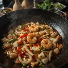  A close-up shot of a sizzling seafood stir-fry