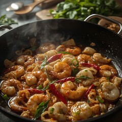  A close-up shot of a sizzling seafood stir-fry