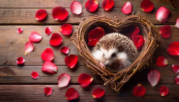 hedgehog nestled in a heart shaped nest made of twigs and rose petals on a rustic wooden table