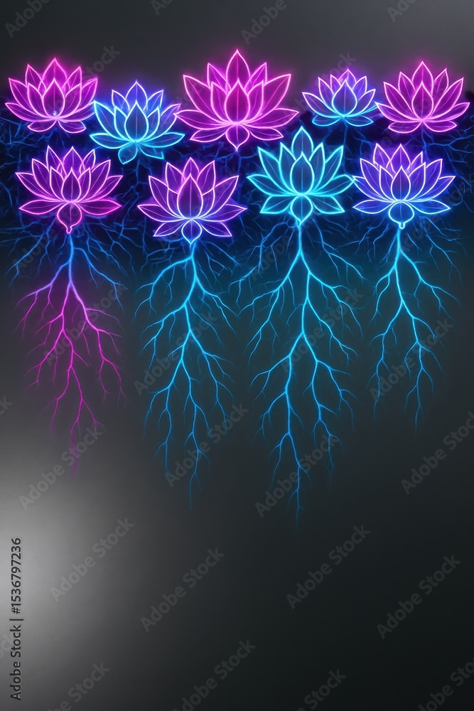 Poster glowing neon lotus flowers with abstract root structures on a dark background displaying a modern ae