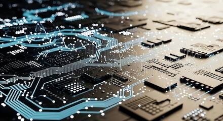 Circuit Board Close-up with Glowing Traces Technology Background