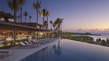Obraz premium Infinity pool overlooking the ocean at sunset.