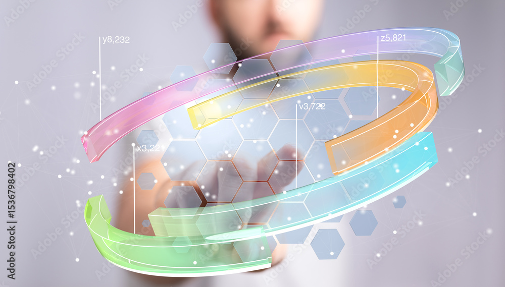 Poster Abstract image of a hand interacting with a digital dashboard, showing data visualization and business analytics.
