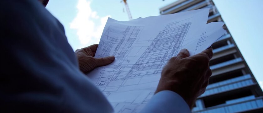 A close-up photograph of a structural engineer reviewing blueprints for a seismic retrofitting project on an aging skyscraper, Skyscraper retrofitting design scene, Structural analysis style