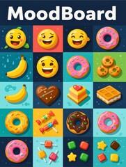 Colourful mood board with emojis and sweet treats
