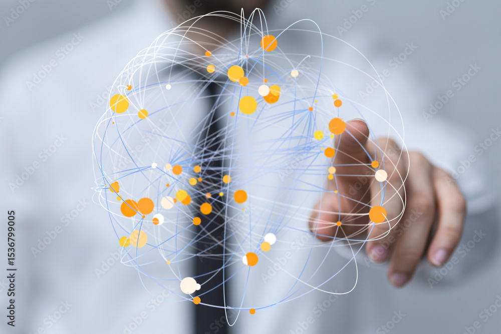 Poster Abstract image of a businessman interacting with a digital network sphere. Ideal for technology, connectivity, and global business concepts.