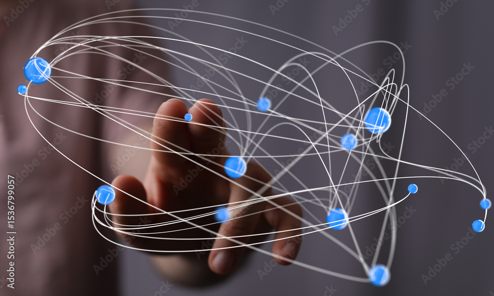 Aufkleber Abstract image of a hand interacting with a complex network of interconnected nodes, representing global communication and digital connectivity.