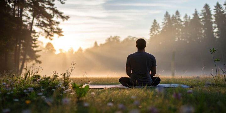 Practicing mindfulness meditation at sunrise in a serene forest clearing - Powered by Adobe