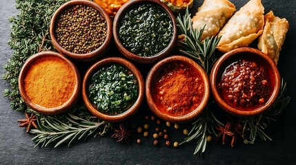Assortment of culinary delights: spices, herbs, sauces and crispy dumplings