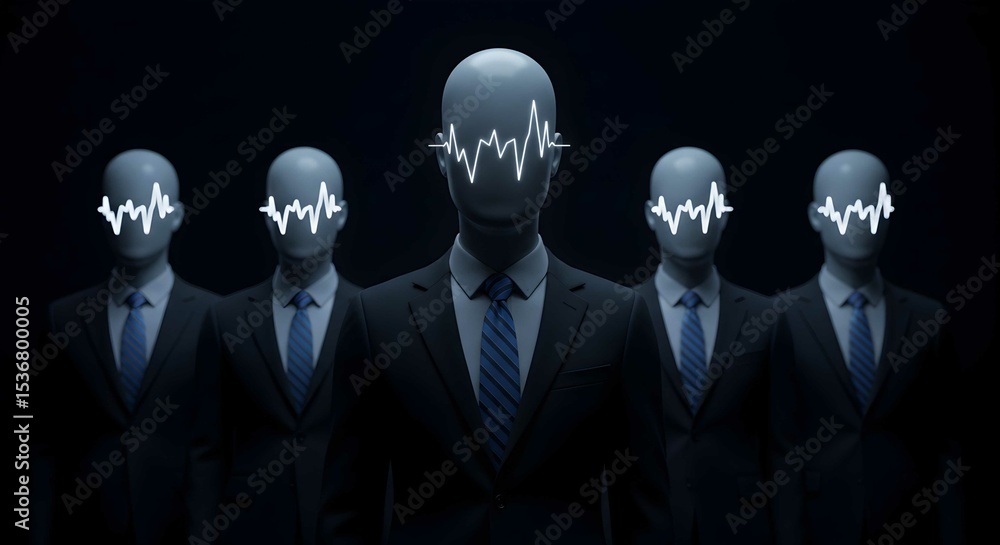 Poster group of business man in suit with neon brainwave graph over their face. artificial intelligence and