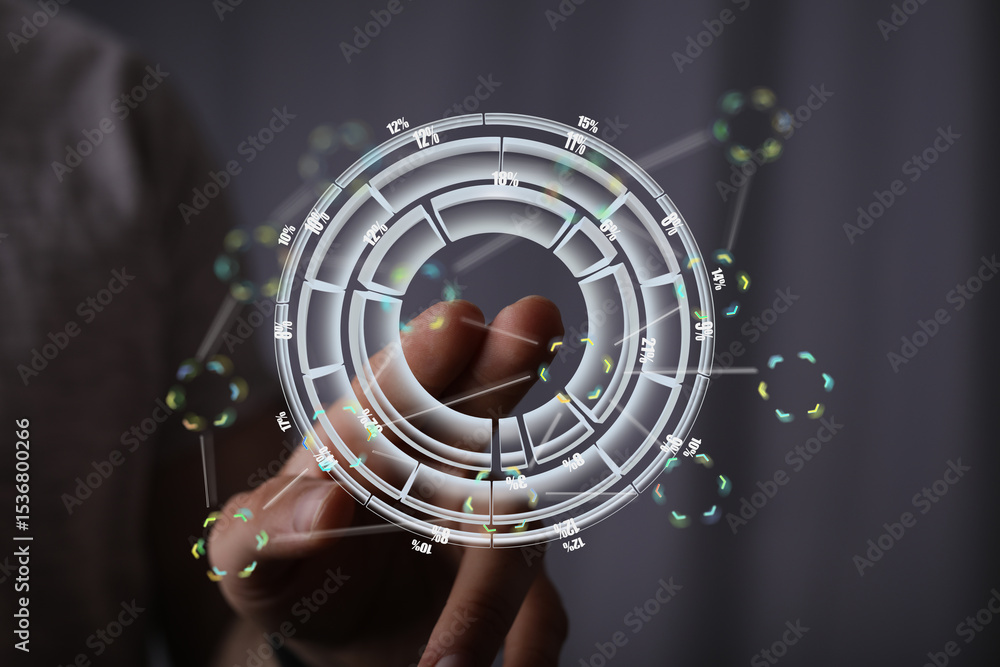 Poster A hand interacts with a holographic circular interface showing data percentages and connections.