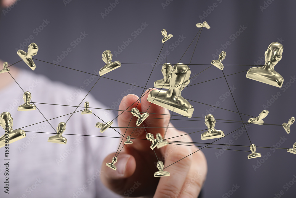 Poster Image of a hand interacting with a network of golden profile icons, representing global connections and teamwork.