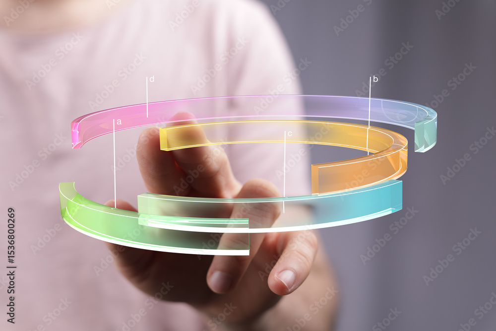 Poster Person interacting with a colorful 3D circular chart.  Data analysis, technology concept.