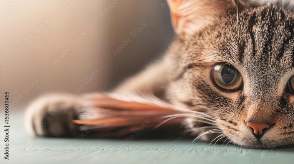 Poster cat resting comfortably on a soft surface with a serene expression