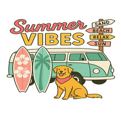 Summer Vibes Illustration with Dog, Surfboards, Van, and Beach Sign

