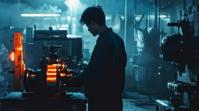 Industrial Worker Operating Machinery in Factory