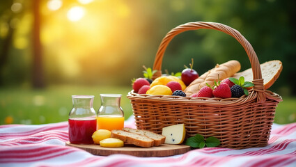 Wicker picnic basket with food spread on patterned bedspread, summer mood