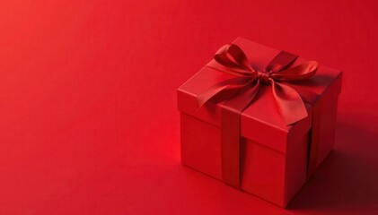 Obraz premium Crimson gift box, red backdrop Top view, ample space , photography, close up, marketing
