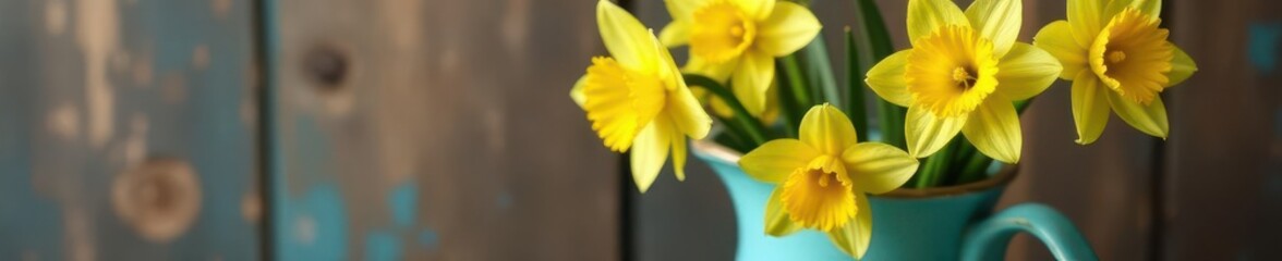 Obraz premium Daffodil bouquet in vintage turquoise vase, close-up view Wooden wall backdrop , white, copy space