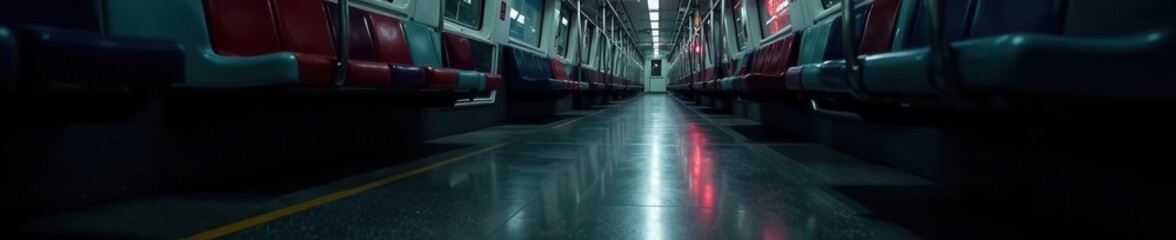 Fototapeta premium Dark, shadowed subway car, polished floor reflecting light , floor, underground, metal