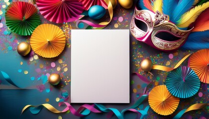vibrant carnival themed table with blank card colorful masks confetti and ribbons for creative mockup use