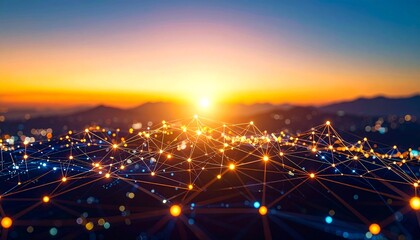 Colorful network of dots connected by lines against a stunning sunset background