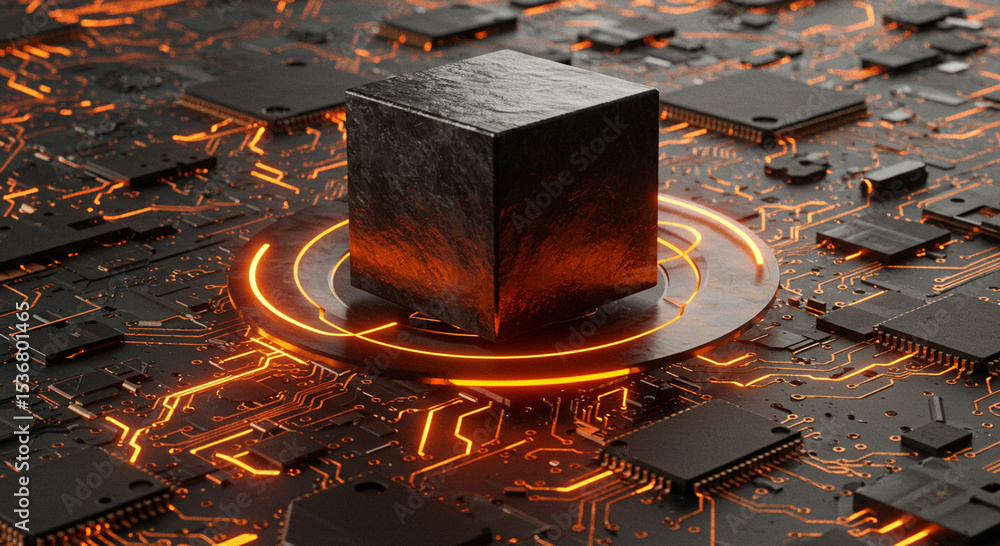 Aufkleber abstract 3d render of a futuristic electronic circuit board with a cube