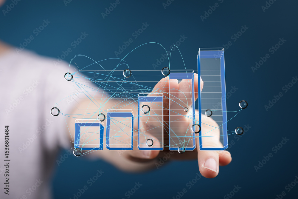 Poster Hand interacting with a 3D bar graph showcasing business growth and data analysis. Perfect for reports and presentations.