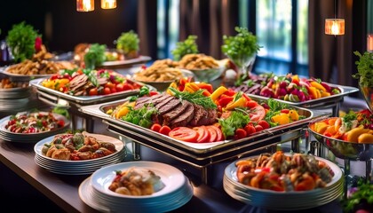 Fototapeta premium catering buffet food delicious colorful meat and vegetable dishes celebration party