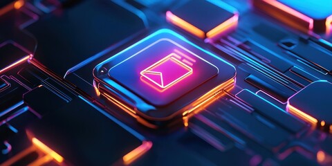 Neon Email Icon on Futuristic Circuit Board
