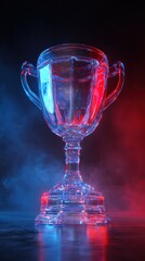Stunning photo of 3D rendering of a transparent glass trophy with red and blue light on a dark background, a concept award for a sports competition or business success. A.