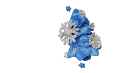 Creative 3D illustration of a plush winter holiday set. Handmade-looking tree, snowflake, stars, and present, all designed in soft blue and gray. Perfect for festive projects and children s content.
