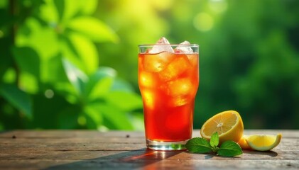 Refreshing iced tea, condensation, wooden table, lush greenery , plants, healthy, iced tea