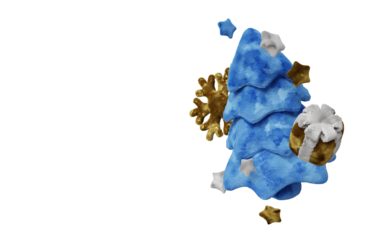 Creative 3D illustration of a plush winter holiday set. Handmade-looking tree, snowflake, stars, and present, all designed in soft blue and gray. Perfect for festive projects and children s content.