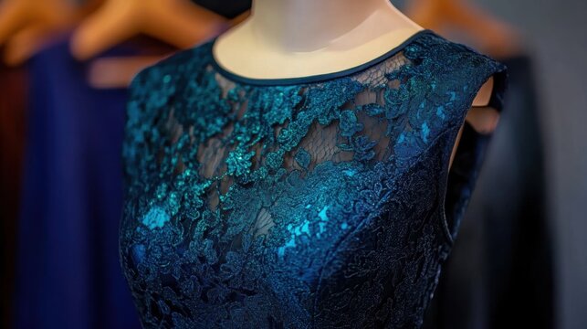 Elegant blue dress with lace detailing showcased in a boutique