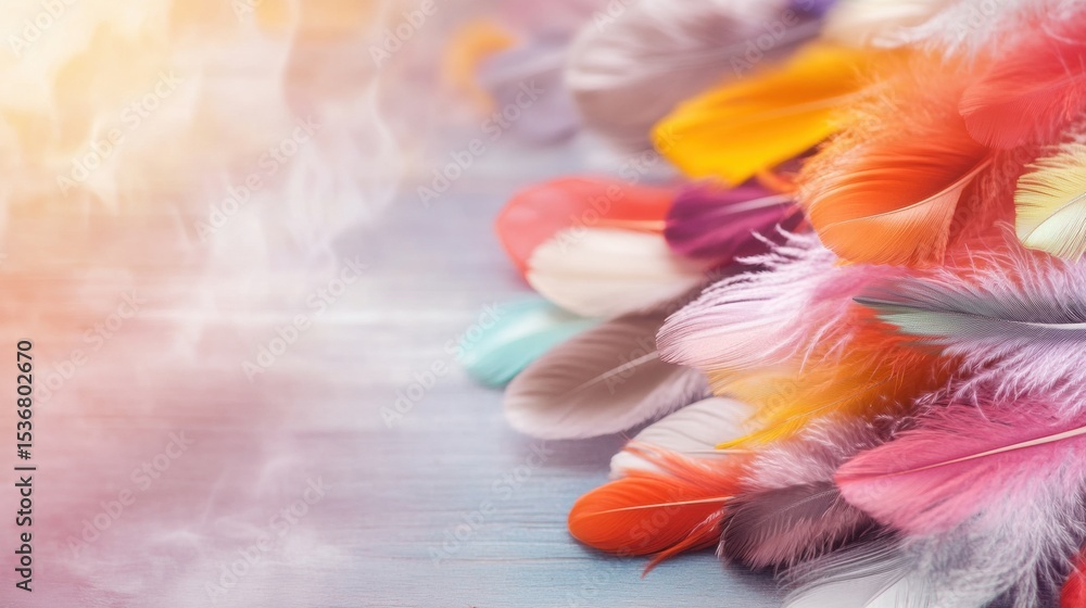 Poster colorful feathers arranged neatly on a surface in soft lighting