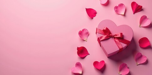 Scattered pink rose petals, chocolates, and a heart-shaped box on a pink background , february, elegant
