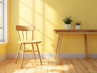 Sunny Room Wooden Chair Table Plants Minimalist Interior Design